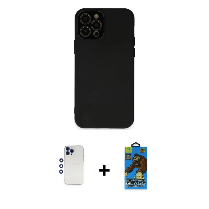 MARSİLYAN™- iPhone 12 Pro Max Kılıf Çekirdek Modern Serisi - Siyah 18D Cam Ekran Koruyucu + Lacivert Shine Kamera Lens