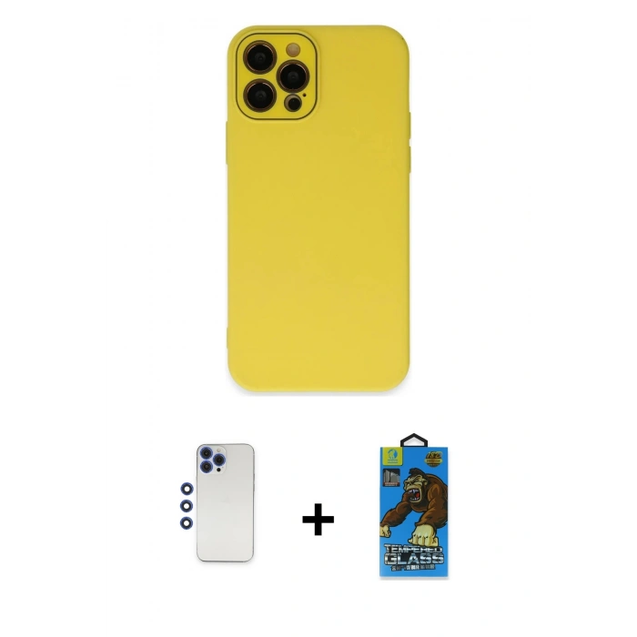 MARSİLYAN™- iPhone 12 Pro Max Kılıf Çekirdek Modern Serisi - Siyah 18D Cam Ekran Koruyucu + Lacivert Shine Kamera Lens
