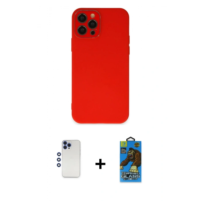 MARSİLYAN™- iPhone 12 Pro Max Kılıf Çekirdek Modern Serisi - Siyah 18D Cam Ekran Koruyucu + Lacivert Shine Kamera Lens