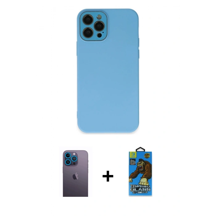 MARSİLYAN™- iPhone 12 Pro Max Kılıf Çekirdek Modern Serisi - Siyah 18D Cam Ekran Koruyucu + Mavi Neon Fosforlu Kamera Lens