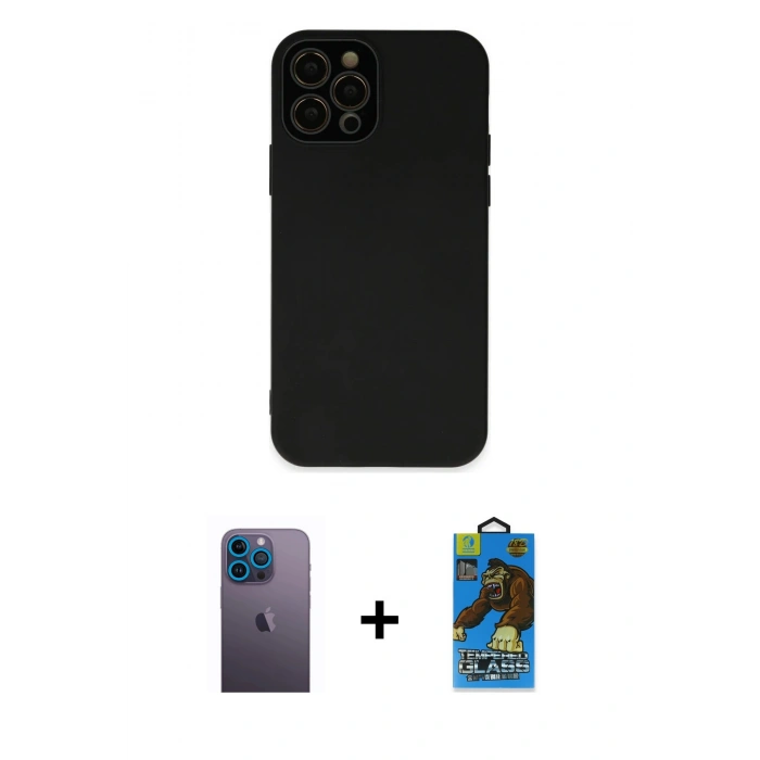 MARSİLYAN™- iPhone 12 Pro Max Kılıf Çekirdek Modern Serisi - Siyah 18D Cam Ekran Koruyucu + Mavi Neon Fosforlu Kamera Lens