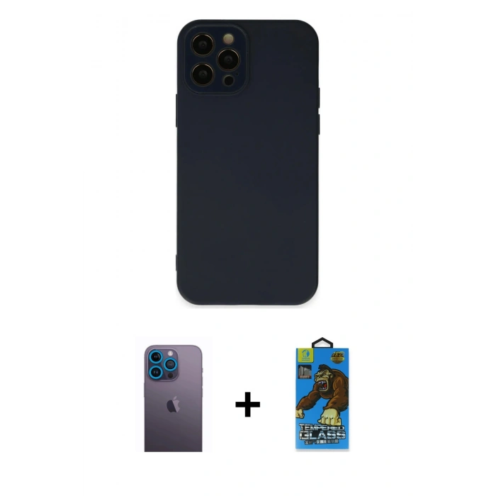 MARSİLYAN™- iPhone 12 Pro Max Kılıf Çekirdek Modern Serisi - Siyah 18D Cam Ekran Koruyucu + Mavi Neon Fosforlu Kamera Lens