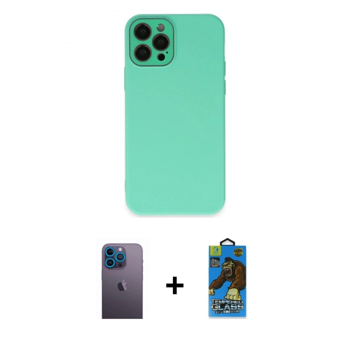 MARSİLYAN™- iPhone 12 Pro Max Kılıf Çekirdek Modern Serisi - Siyah 18D Cam Ekran Koruyucu + Mavi Neon Fosforlu Kamera Lens