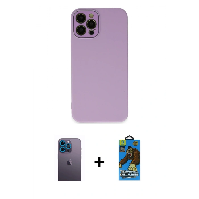 MARSİLYAN™- iPhone 12 Pro Max Kılıf Çekirdek Modern Serisi - Siyah 18D Cam Ekran Koruyucu + Mavi Neon Fosforlu Kamera Lens