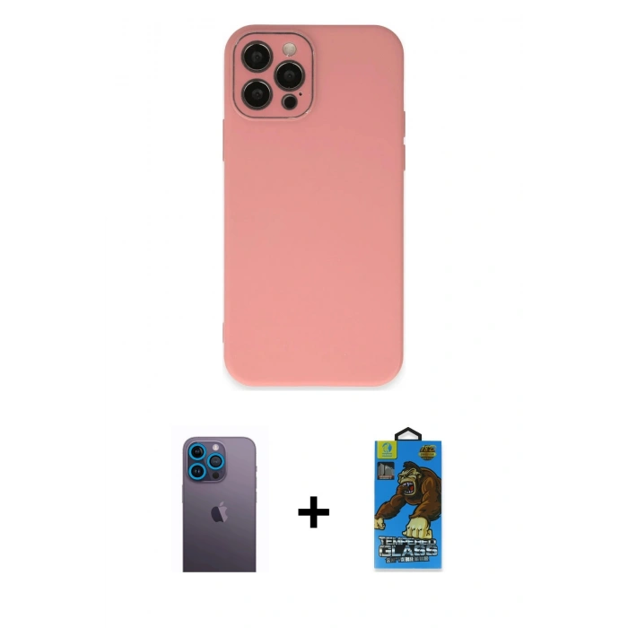 MARSİLYAN™- iPhone 12 Pro Max Kılıf Çekirdek Modern Serisi - Siyah 18D Cam Ekran Koruyucu + Mavi Neon Fosforlu Kamera Lens
