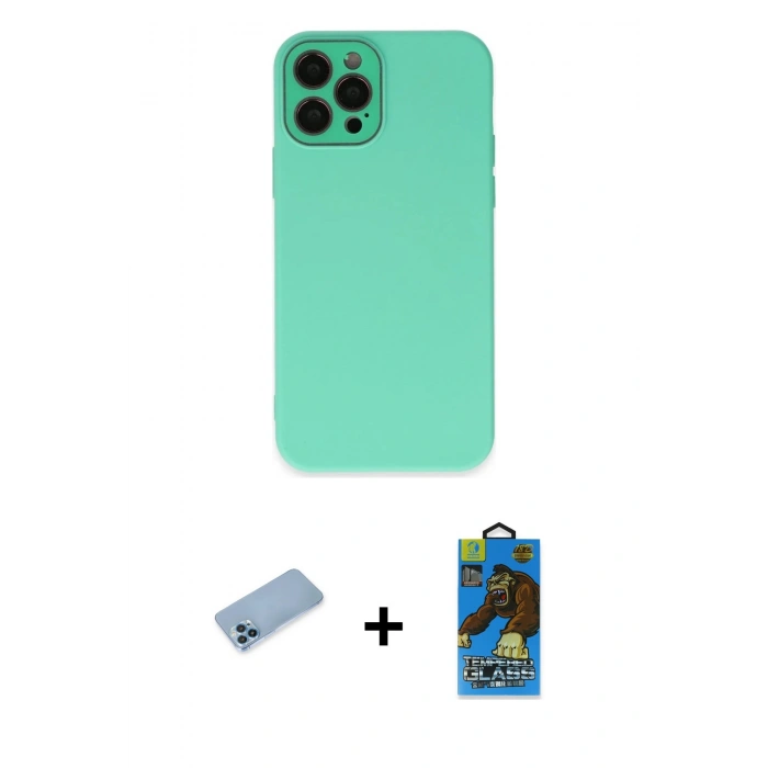 MARSİLYAN™- iPhone 12 Pro Max Kılıf Çekirdek Modern Serisi - Siyah 18D Cam Ekran Koruyucu + Mavi Shine Kamera Lens Koruma Cam