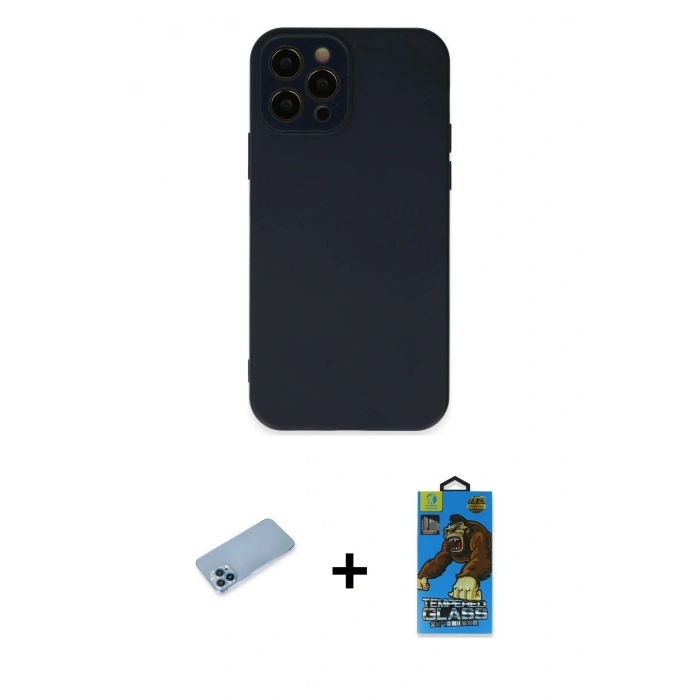 MARSİLYAN™- iPhone 12 Pro Max Kılıf Çekirdek Modern Serisi - Siyah 18D Cam Ekran Koruyucu + Mavi Shine Kamera Lens Koruma Cam