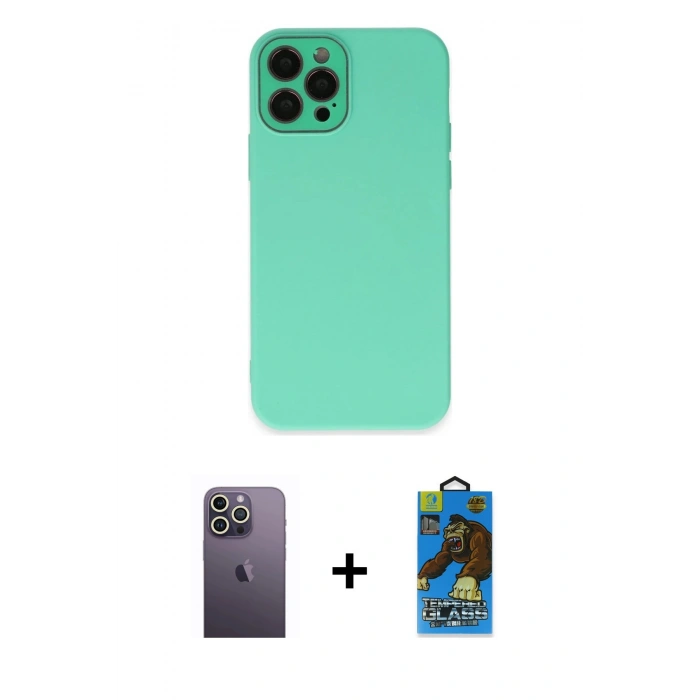 MARSİLYAN™- iPhone 12 Pro Max Kılıf Çekirdek Modern Serisi - Siyah 18D Cam Ekran Koruyucu + Neon Fosforlu Kamera Lens - BZ