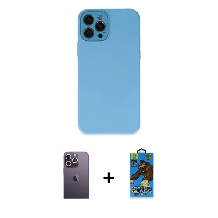 MARSİLYAN™- iPhone 12 Pro Max Kılıf Çekirdek Modern Serisi - Siyah 18D Cam Ekran Koruyucu + Neon Fosforlu Kamera Lens - BZ