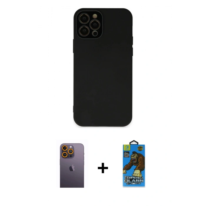 MARSİLYAN™- iPhone 12 Pro Max Kılıf Çekirdek Modern Serisi - Siyah 18D Cam Ekran Koruyucu + Neon Fosforlu Kamera Lens - SI