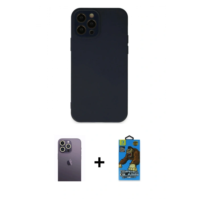MARSİLYAN™- iPhone 12 Pro Max Kılıf Çekirdek Modern Serisi - Siyah 18D Cam Ekran Koruyucu + Neon Fosforlu Kamera Lens - BZ