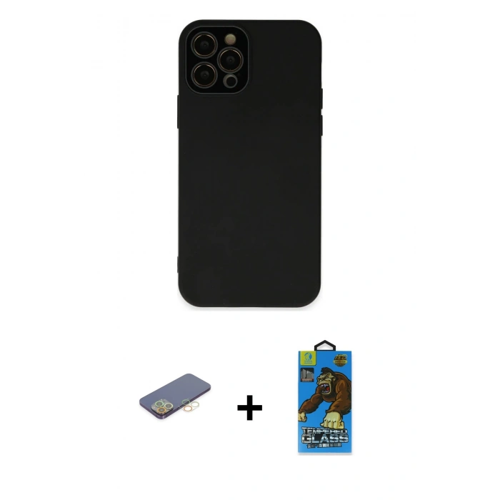 MARSİLYAN™- iPhone 12 Pro Max Kılıf Çekirdek Modern Serisi - Siyah 18D Cam Ekran Koruyucu + Renkli Kamera Lens Koruma Cam - SI