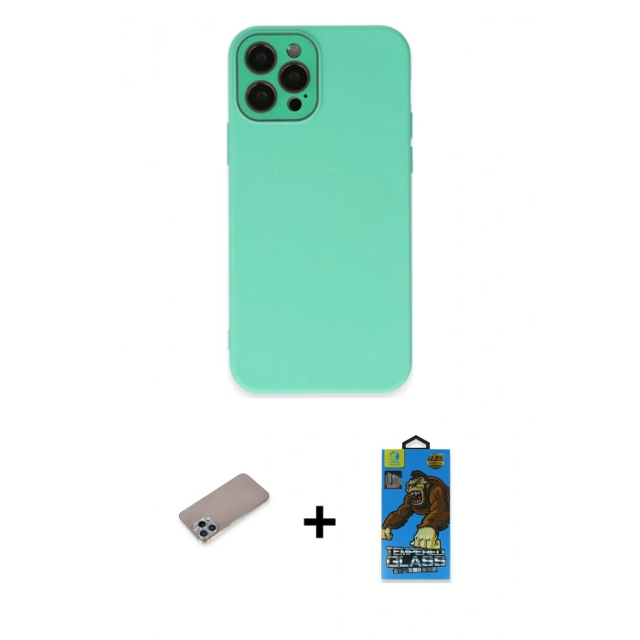 MARSİLYAN™- iPhone 12 Pro Max Kılıf Çekirdek Modern Serisi - Siyah 18D Cam Ekran Koruyucu + Shine Kamera Lens Koruma Cam - SABE