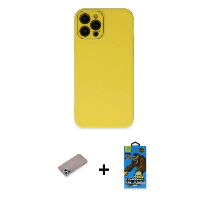 MARSİLYAN™- iPhone 12 Pro Max Kılıf Çekirdek Modern Serisi - Siyah 18D Cam Ekran Koruyucu + Shine Kamera Lens Koruma Cam - SABE