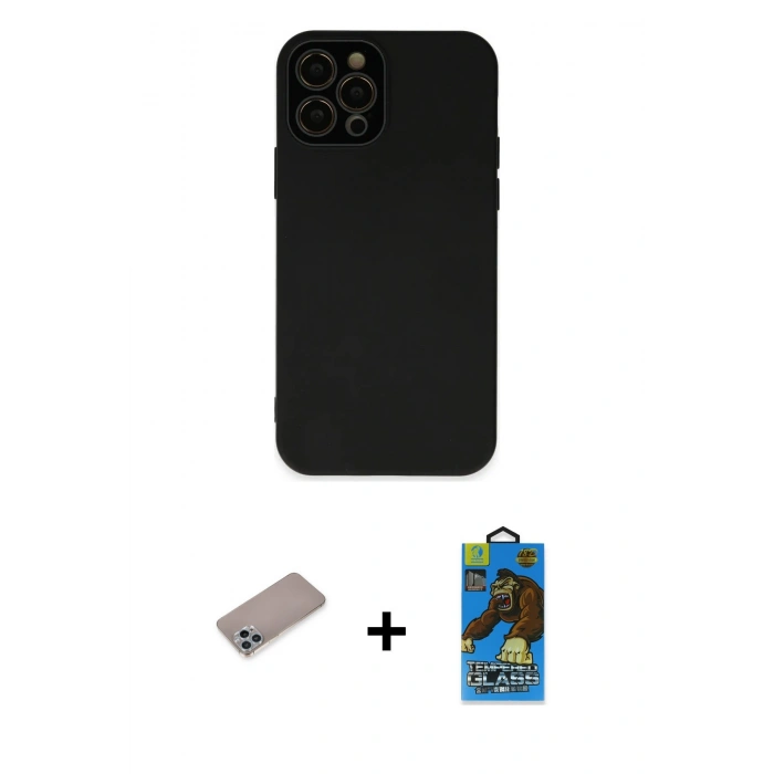 MARSİLYAN™- iPhone 12 Pro Max Kılıf Çekirdek Modern Serisi - Siyah 18D Cam Ekran Koruyucu + Shine Kamera Lens Koruma Cam - SABE