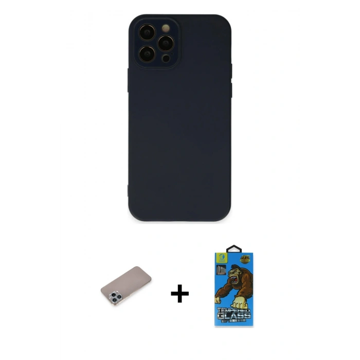 MARSİLYAN™- iPhone 12 Pro Max Kılıf Çekirdek Modern Serisi - Siyah 18D Cam Ekran Koruyucu + Shine Kamera Lens Koruma Cam - SABE