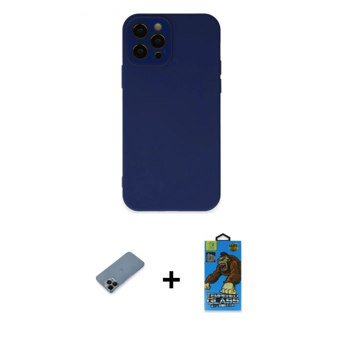 MARSİLYAN™- iPhone 12 Pro Max Kılıf Çekirdek Modern Serisi - Siyah 18D Cam Ekran Koruyucu + Shine Kamera Lens Koruma Cam - SH