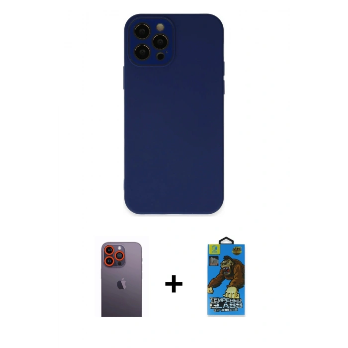 MARSİLYAN™- iPhone 12 Pro Max Kılıf Çekirdek Modern Serisi - Siyah 18D Cam Ekran Koruyucu + Neon Fosforlu Kamera Lens - TU