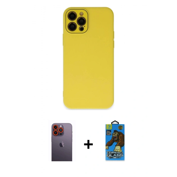 MARSİLYAN™- iPhone 12 Pro Max Kılıf Çekirdek Modern Serisi - Siyah 18D Cam Ekran Koruyucu + Neon Fosforlu Kamera Lens - TU