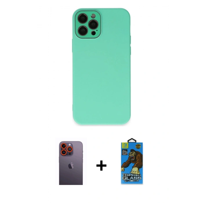 MARSİLYAN™- iPhone 12 Pro Max Kılıf Çekirdek Modern Serisi - Siyah 18D Cam Ekran Koruyucu + Neon Fosforlu Kamera Lens - TU