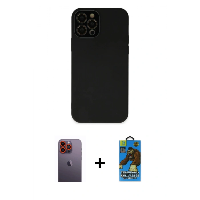 MARSİLYAN™- iPhone 12 Pro Max Kılıf Çekirdek Modern Serisi - Siyah 18D Cam Ekran Koruyucu + Neon Fosforlu Kamera Lens - TU