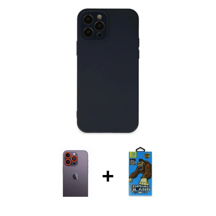 MARSİLYAN™- iPhone 12 Pro Max Kılıf Çekirdek Modern Serisi - Siyah 18D Cam Ekran Koruyucu + Neon Fosforlu Kamera Lens - TU