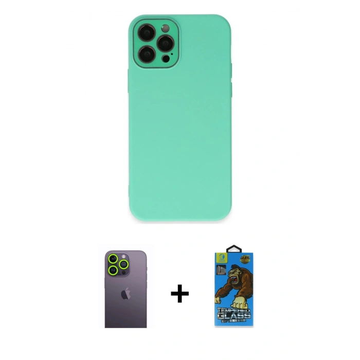 MARSİLYAN™- iPhone 12 Pro Max Kılıf Çekirdek Modern Serisi - Siyah 18D Cam Ekran Koruyucu + Neon Fosforlu Kamera Lens - YL