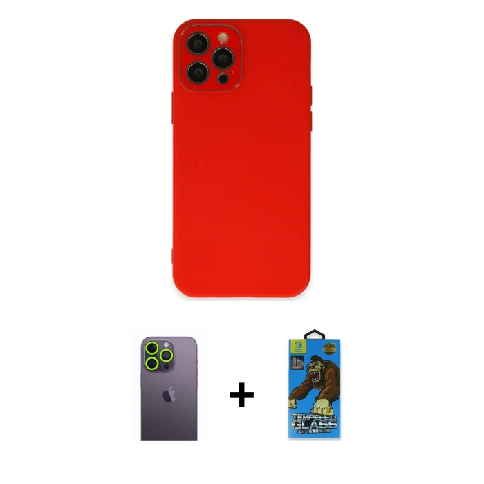 MARSİLYAN™- iPhone 12 Pro Max Kılıf Çekirdek Modern Serisi - Siyah 18D Cam Ekran Koruyucu + Neon Fosforlu Kamera Lens - YL