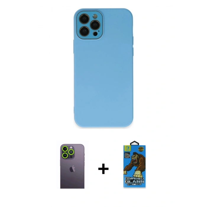 MARSİLYAN™- iPhone 12 Pro Max Kılıf Çekirdek Modern Serisi - Siyah 18D Cam Ekran Koruyucu + Neon Fosforlu Kamera Lens - YL