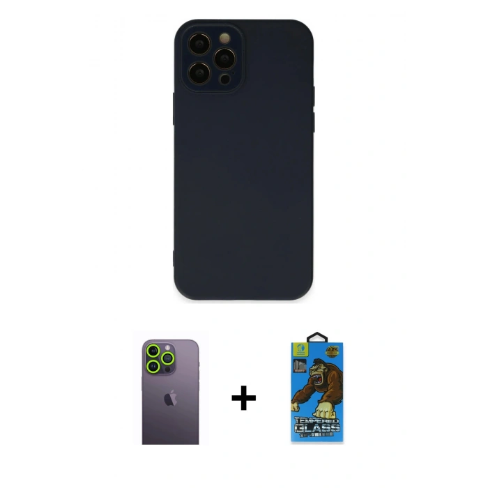 MARSİLYAN™- iPhone 12 Pro Max Kılıf Çekirdek Modern Serisi - Siyah 18D Cam Ekran Koruyucu + Neon Fosforlu Kamera Lens - YL