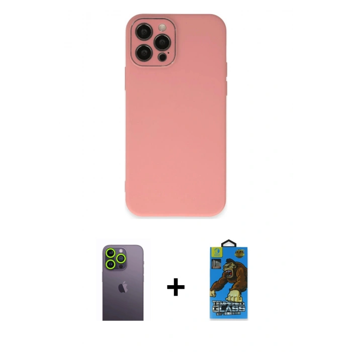 MARSİLYAN™- iPhone 12 Pro Max Kılıf Çekirdek Modern Serisi - Siyah 18D Cam Ekran Koruyucu + Neon Fosforlu Kamera Lens - YL