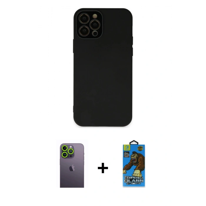 MARSİLYAN™- iPhone 12 Pro Max Kılıf Çekirdek Modern Serisi - Siyah 18D Cam Ekran Koruyucu + Neon Fosforlu Kamera Lens - YL
