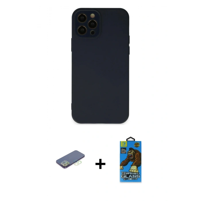 MARSİLYAN™- iPhone 12 Pro Max Kılıf Çekirdek Modern Serisi - Siyah 18D Cam Ekran Koruyucu + Renkli Kamera Lens Koruma Cam - YL