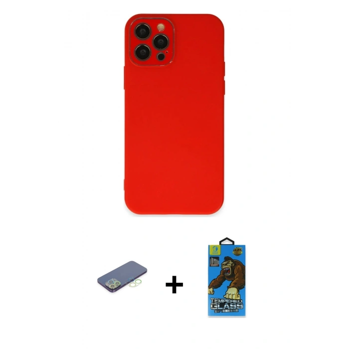MARSİLYAN™- iPhone 12 Pro Max Kılıf Çekirdek Modern Serisi - Siyah 18D Cam Ekran Koruyucu + Renkli Kamera Lens Koruma Cam - YL