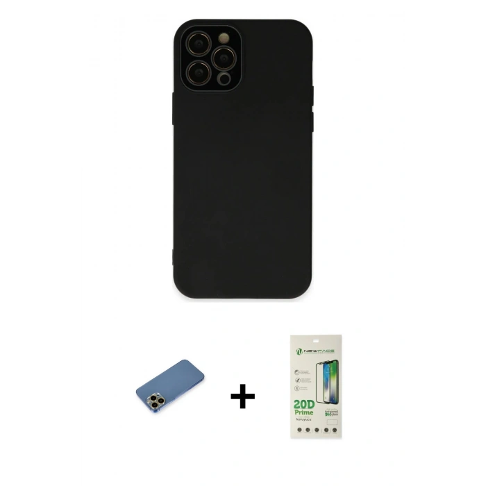 MARSİLYAN™- iPhone 12 Pro Max Kılıf Çekirdek Modern Serisi - Siyah 20D Premium Cam Ekran Koruyucu + Shine Kamera Lens Koruma Cam - GD