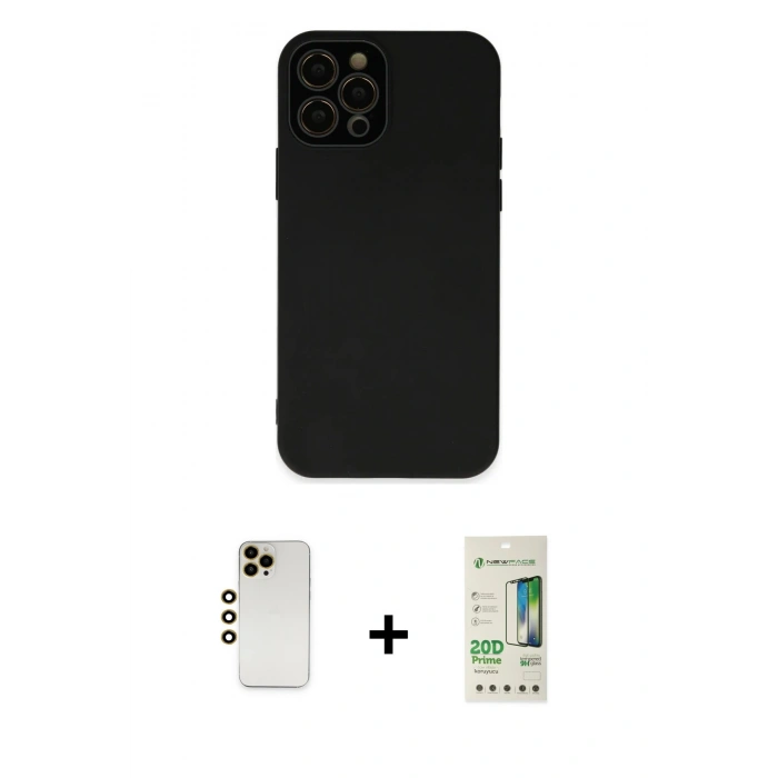 MARSİLYAN™- iPhone 12 Pro Max Kılıf Çekirdek Modern Serisi - Siyah 20D Premium Cam Ekran Koruyucu + Shine Kamera Lens - GD