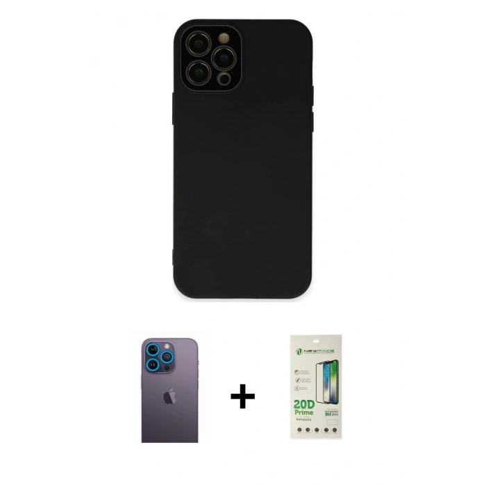 MARSİLYAN™- iPhone 12 Pro Max Kılıf Çekirdek Modern Serisi - Siyah 20D Premium Cam Ekran Koruyucu + Neon Fosforlu Kamera Lens - MI