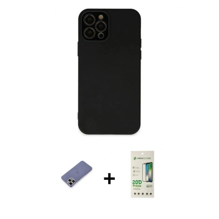 MARSİLYAN™- iPhone 12 Pro Max Kılıf Çekirdek Modern Serisi - Siyah 20D Premium Cam Ekran Koruyucu + Metal Kamera Lens Koruma Cam - GD