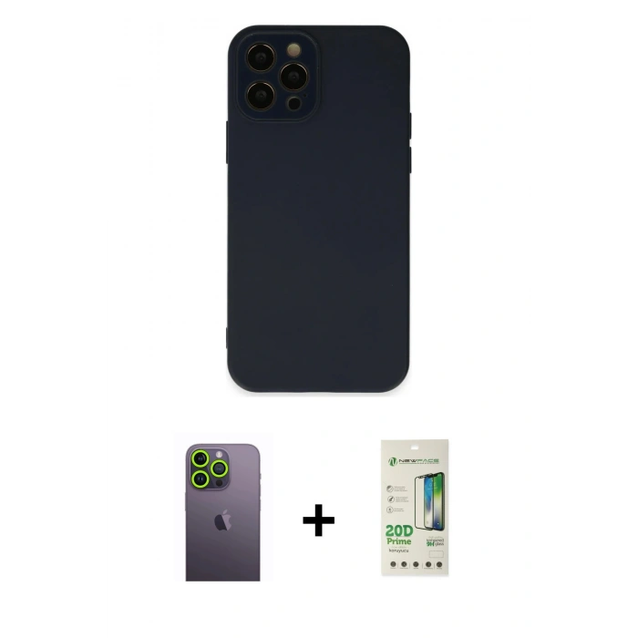 MARSİLYAN™- iPhone 12 Pro Max Kılıf Çekirdek Modern Serisi - Siyah 20D Premium Cam Ekran Koruyucu + Neon Fosforlu Kamera Lens - YL