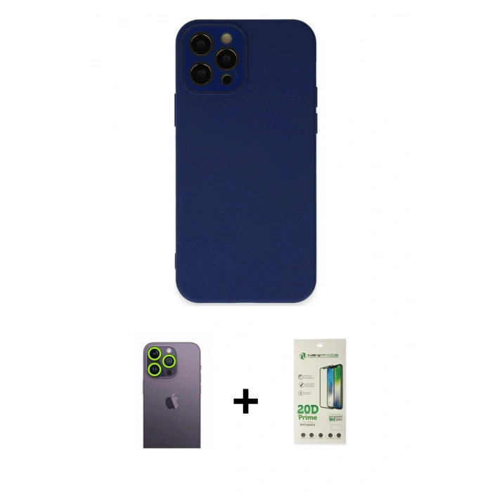 MARSİLYAN™- iPhone 12 Pro Max Kılıf Çekirdek Modern Serisi - Siyah 20D Premium Cam Ekran Koruyucu + Neon Fosforlu Kamera Lens - YL