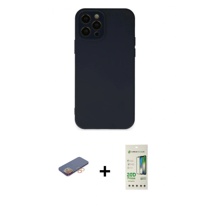 MARSİLYAN™- iPhone 12 Pro Max Kılıf Çekirdek Modern Serisi - Siyah 20D Premium Cam Ekran Koruyucu + Renkli Kamera Lens Koruma Cam - TU