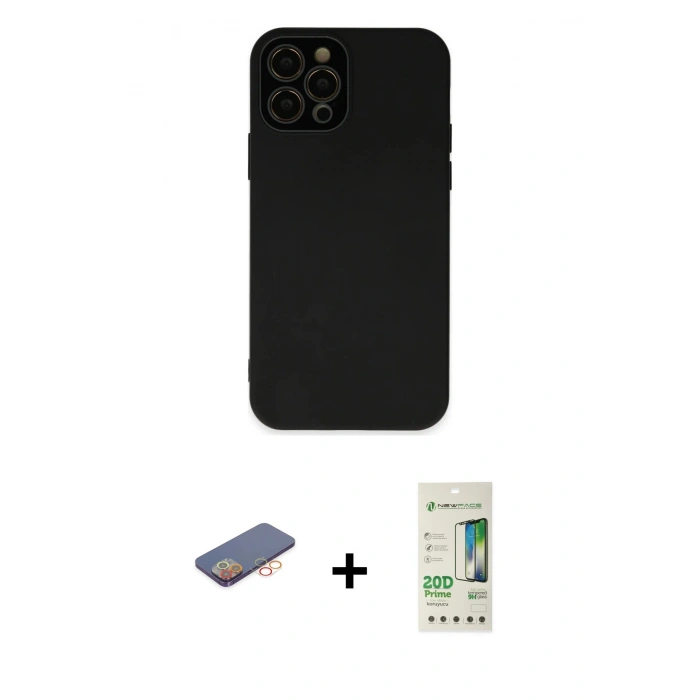 MARSİLYAN™- iPhone 12 Pro Max Kılıf Çekirdek Modern Serisi - Siyah 20D Premium Cam Ekran Koruyucu + Renkli Kamera Lens Koruma Cam - TU