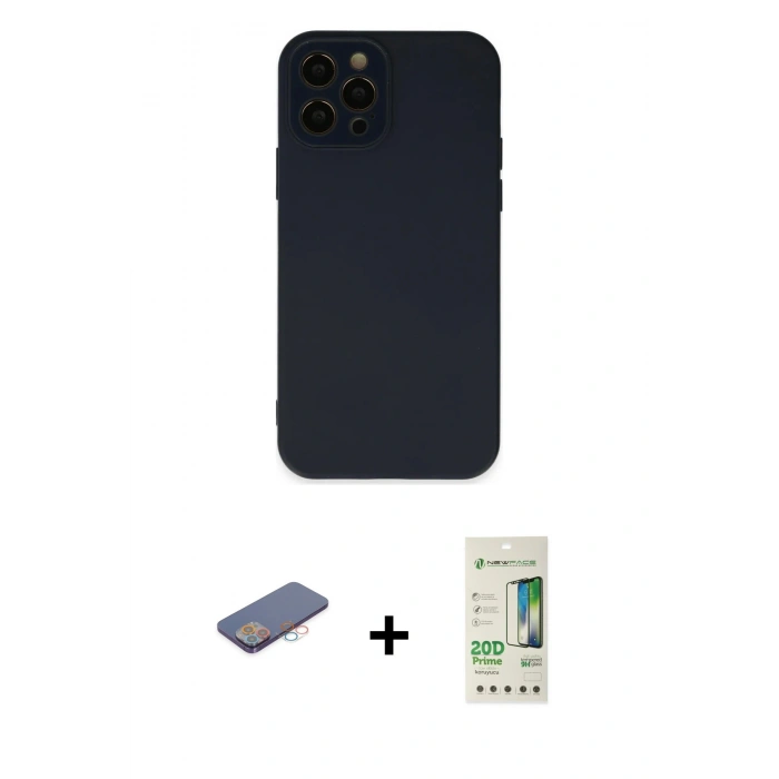 MARSİLYAN™- iPhone 12 Pro Max Kılıf Çekirdek Modern Serisi - Siyah 20D Premium Cam Ekran Koruyucu + Renkli Kamera Lens Koruma Cam - PE