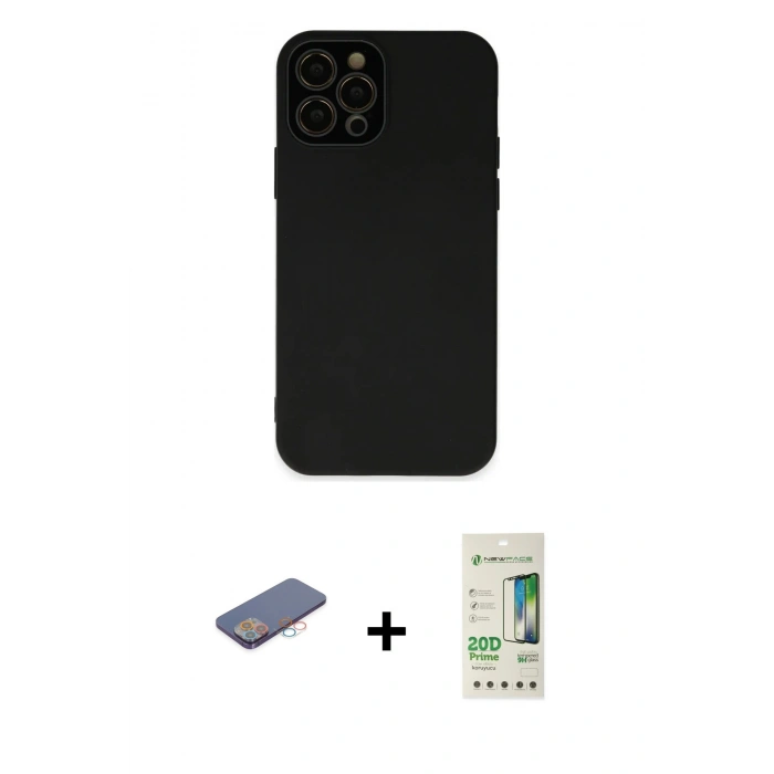 MARSİLYAN™- iPhone 12 Pro Max Kılıf Çekirdek Modern Serisi - Siyah 20D Premium Cam Ekran Koruyucu + Renkli Kamera Lens Koruma Cam - PE