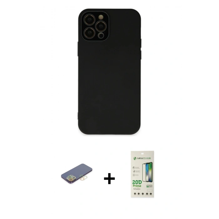 MARSİLYAN™- iPhone 12 Pro Max Kılıf Çekirdek Modern Serisi - Siyah 20D Premium Cam Ekran Koruyucu + Renkli Kamera Lens Koruma Cam - SI