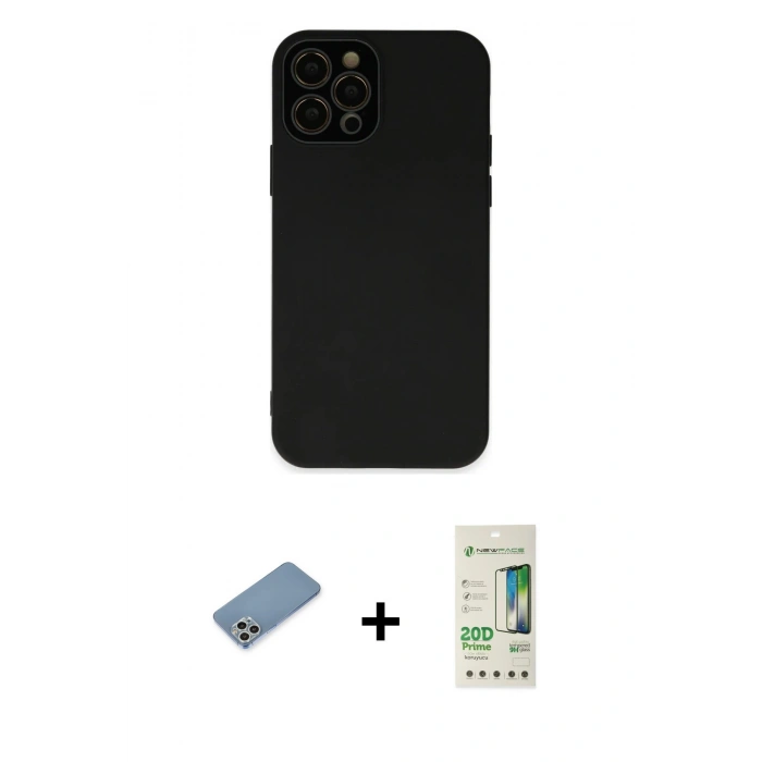 MARSİLYAN™- iPhone 12 Pro Max Kılıf Çekirdek Modern Serisi - Siyah 20D Premium Cam Ekran Koruyucu + Shine Kamera Lens Koruma Cam - GS