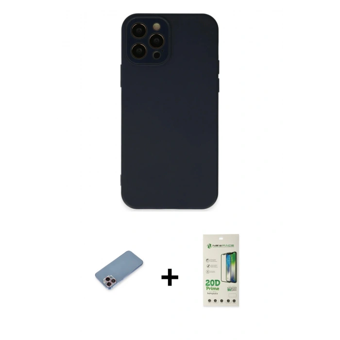 MARSİLYAN™- iPhone 12 Pro Max Kılıf Çekirdek Modern Serisi - Siyah 20D Premium Cam Ekran Koruyucu + Shine Kamera Lens Koruma Cam - PE