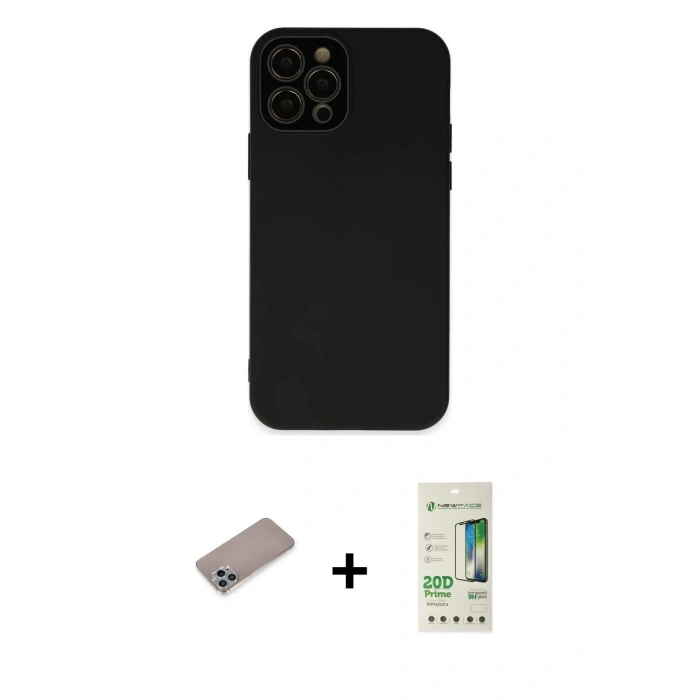 MARSİLYAN™- iPhone 12 Pro Max Kılıf Çekirdek Modern Serisi - Siyah 20D Premium Cam Ekran Koruyucu + Shine Kamera Lens Koruma Cam - SABE