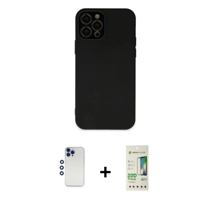 MARSİLYAN™- iPhone 12 Pro Max Kılıf Çekirdek Modern Serisi - Siyah 20D Premium Cam Ekran Koruyucu + Shine Kamera Lens - LT