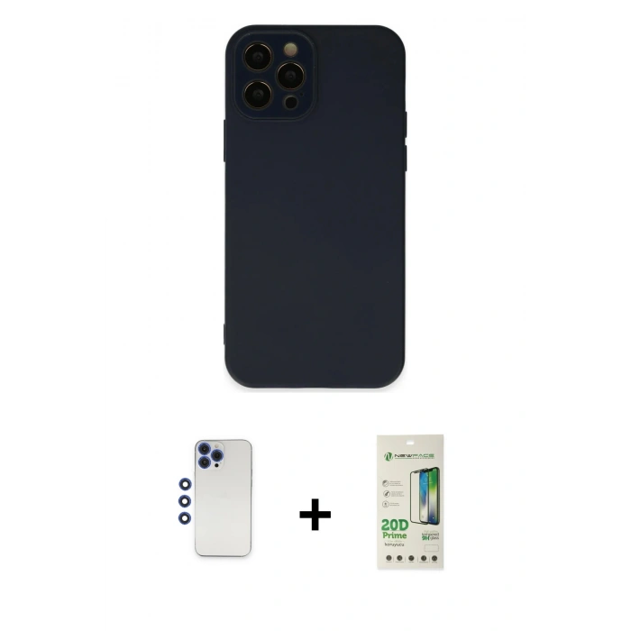 MARSİLYAN™- iPhone 12 Pro Max Kılıf Çekirdek Modern Serisi - Siyah 20D Premium Cam Ekran Koruyucu + Shine Kamera Lens - LT